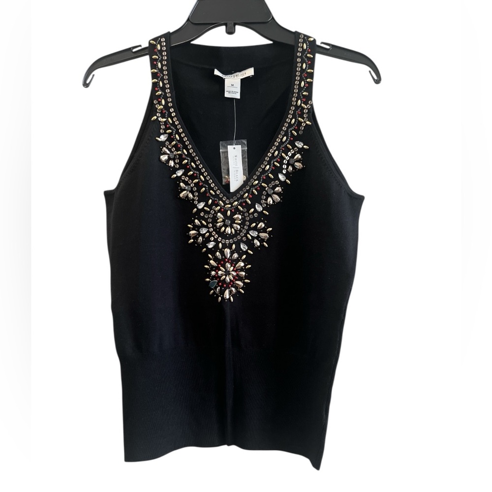 White House Black Market V-Neck Embellished Black Sleeveless Top Medium Size NEW